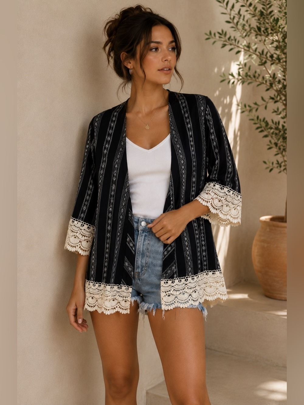 Xhilaration Dark Navy Almost Black Geometric Crochet Lace Kimono Cardigan L NWT